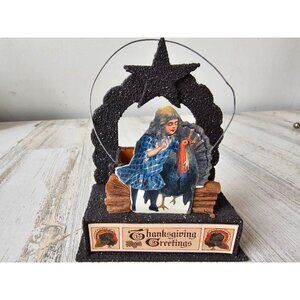 bethany lowe Thanksgiving greetings basket glitter turkey shabby cheek vintage s